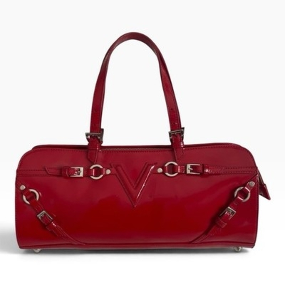 Via Spiga Red Patent Leather Handbag 100% Leather Silver Hardware 13.25x4x6" VG - Picture 3 of 7